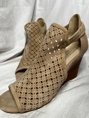Cole Haan Taupe Suede Laser-Cut Peep-Toe Wedge Sandals